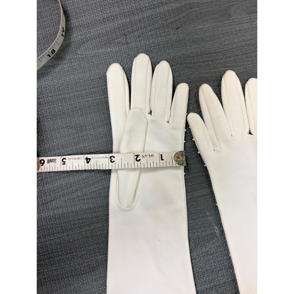 Invicta Opera Gloves 6.5 White Vintage Beaded Cotton Mid Century Formal Wedding - Picture 7 of 13